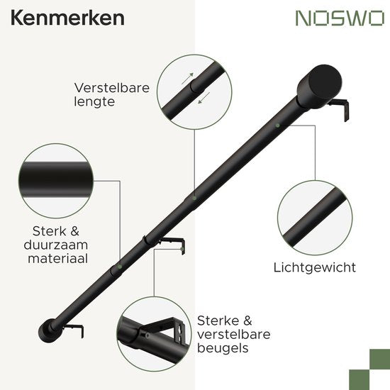 Adjustable Black Metal Curtain Rod - Noswo - Extendable 143-213 cm - Sleek & Durable