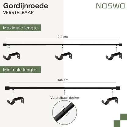 Adjustable Black Metal Curtain Rod - Noswo - Extendable 143-213 cm - Sleek & Durable