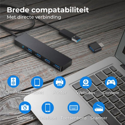 "Nuvance - USB 3.0 Hub - 4 Ports - USB C Converter Included - USB Splitter - Black"

Productnaam in het Engels: Nuvance USB 3.0 Hub 4 Ports USB C Converter USB Splitter Black