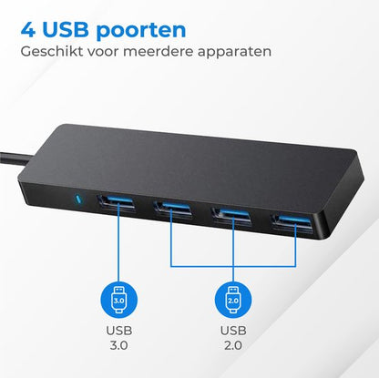 "Nuvance - USB 3.0 Hub - 4 Ports - USB C Converter Included - USB Splitter - Black"

Productnaam in het Engels: Nuvance USB 3.0 Hub 4 Ports USB C Converter USB Splitter Black