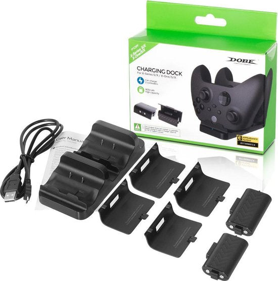 "Black Docking Station with 2 Batteries & 2 Xbox One Covers & 2 Xbox Series Covers - Charging Station for XBOX Series X/S & XBOX ONE X/S"

Product Name in English: Charging Station for XBOX Series X/S & XBOX ONE X/S