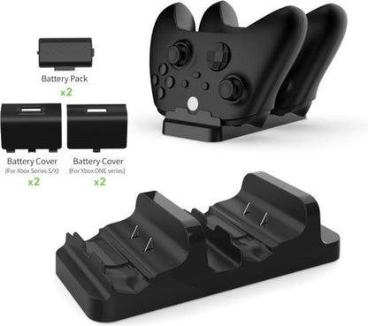 "Black Docking Station with 2 Batteries & 2 Xbox One Covers & 2 Xbox Series Covers - Charging Station for XBOX Series X/S & XBOX ONE X/S"

Product Name in English: Charging Station for XBOX Series X/S & XBOX ONE X/S