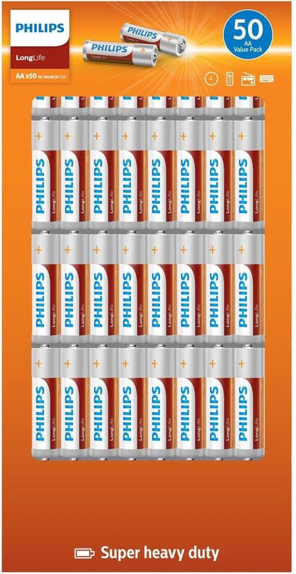 Sure, here is a revised and more engaging product title in English:

"Philips Longlife AA Batteries - 50 Pack - Reliable Power for All Your Devices"

This title highlights the brand, the product type, the quantity, and emphasizes reliability and versatility, which are key selling points for batteries.