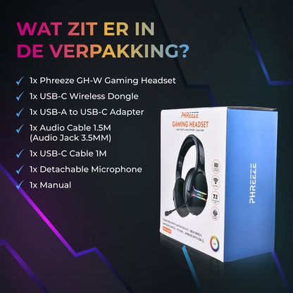 Phreeze GH-W Wireless Gaming Headset with Microphone - 2.4 GHz Wireless USB-C and USB-A - For PS4/PS5/XBOX/NINTENDO SWITCH - Over Ear Headphones with RGB Lighting - 15 Hours Playtime - Game Headset - Suitable for FPS Shooters and RPG

Phreeze GH-W Wireless Gaming Headset