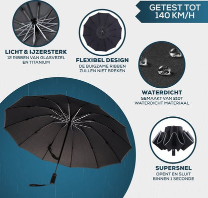 Opvouwbare Stormparaplu - 105 CM - Automatisch in- en uitklapbaar - Stormbestendig tot 140 km/h - Inclusief luxe beschermhoes

Translation: Folding Storm Umbrella