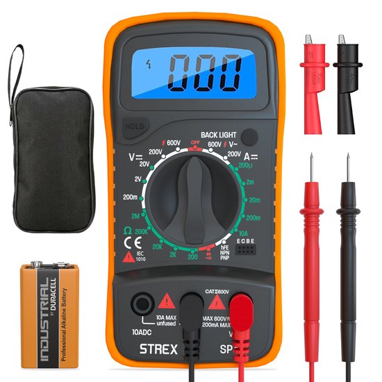 Strex Digital Multimeter - AC/DC - Incl. 9V Duracell Battery, Clamps & Storage Case - Multi Meter