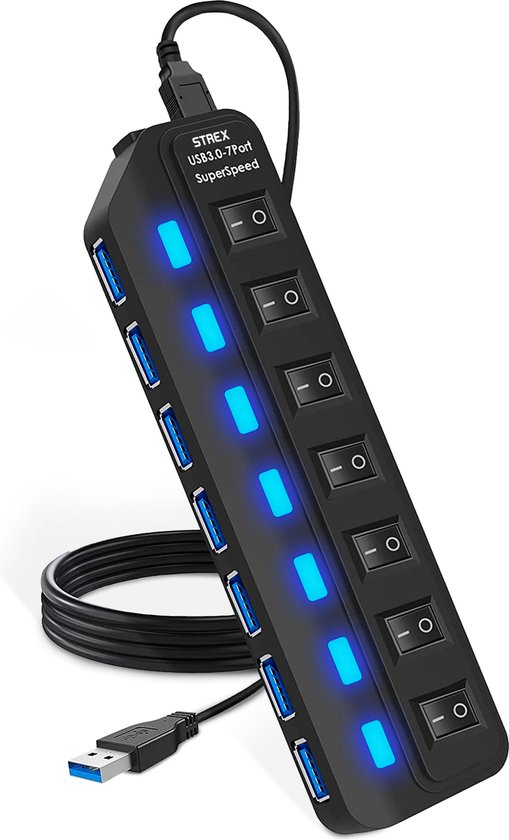 "Strex USB 3.0 Hub - USB Splitter - 7 Ports - 5Gbps - LED Indicator - On/Off Switch - 100CM Cable"

Productnaam in het Engels: Strex USB 3.0 Hub USB Splitter 7 Ports 5Gbps LED Indicator On Off Switch 100CM Cable