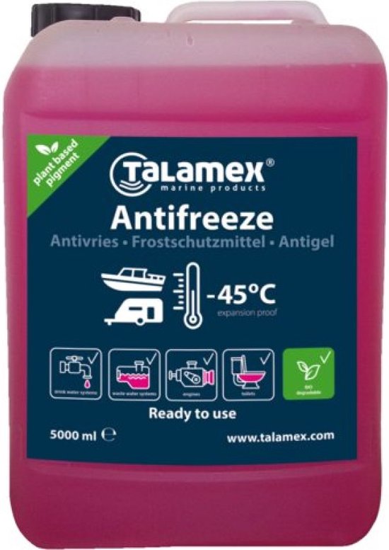 "Talamex Antivries voor Drinkwatersysteem -45 Graden - 5 Liter" 

English product name: Talamex Antifreeze for Drinking Water System 5 Liters