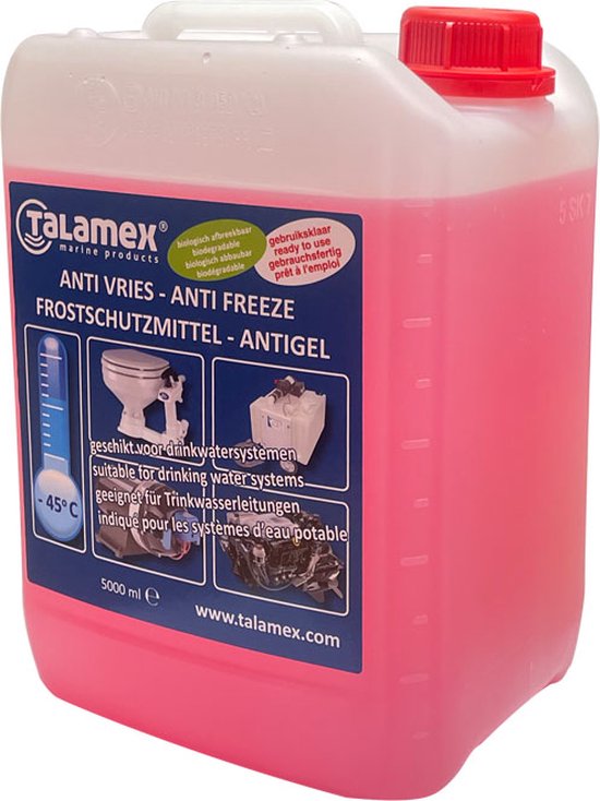 "Talamex Antivries voor Drinkwatersysteem -45 Graden - 5 Liter" 

English product name: Talamex Antifreeze for Drinking Water System 5 Liters