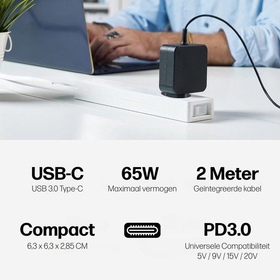 "65W USB-C Universal Laptop Charger - 2 Meter USB C Adapter - Power Adapter - Fast Charger Adapter for Dell, HP, ChromeBook, MacBook, Toshiba"

Productnaam in het Engels: Universal Laptop Charger USB-C 65W