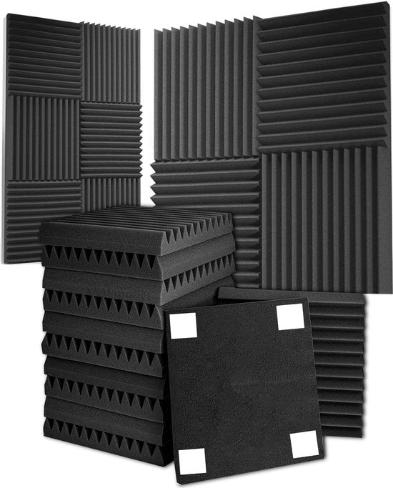 "What's Goods® Acoustic Foam Panels - Set of 12 Tiles, 25kg/m3, 30x30x5cm - Wall Studio Sound Absorption Panels / Soundproofing Panels - Black + 48x Mounting Stickers"

Product Name in English: Acoustic Foam Panels