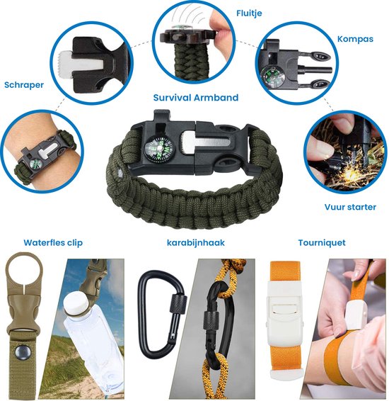 YONO Outdoor Survival Kit - Bracelet - Pocket Knife - Flashlight - Fire Starter - Compass and more - XL Set

YONO Outdoor Survival Kit