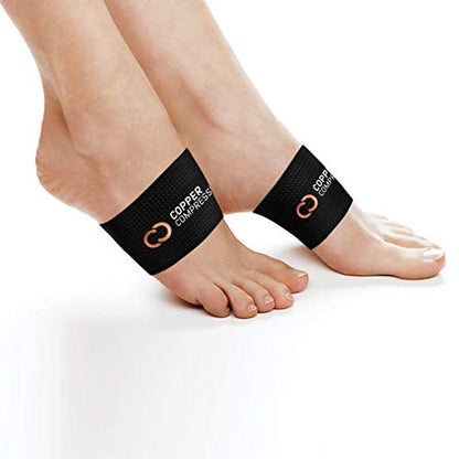 Copper Compression Copper Arch Support - 2 Plantar Fasciitis Braces/Sleeves. Foot Care, Heel Spurs, Feet Pain Relief, Flat & Fallen Arches, High Arch, Flat Feet. (1 Pair Black - One Size Fits All),2 Count (Pack of 1)