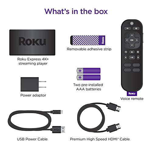 Roku Express 4K+ | Streamingspeler HD/4K/HDR met Roku-spraakafstandsbediening met tv-bediening, inclusief premium HDMI-kabel