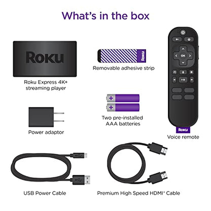 Roku Express 4K+ | Streaming Player HD/4K/HDR with Roku Voice Remote with TV Controls, Includes Premium HDMI Cable