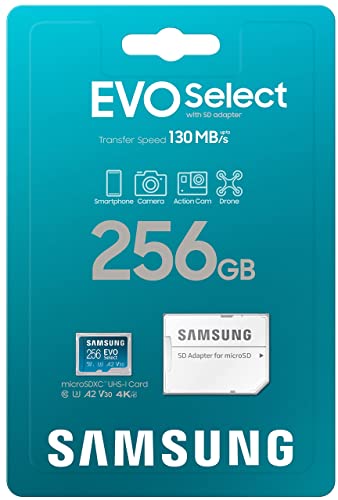 SAMSUNG EVO Select Micro SD-Memory-Card + Adapter, 256GB microSDXC 130MB/s Full HD & 4K UHD, UHS-I, U3, A2, V30, Expanded Storage for Android Smartphones, Tablets, Nintendo-Switch (MB-ME256KA/AM)