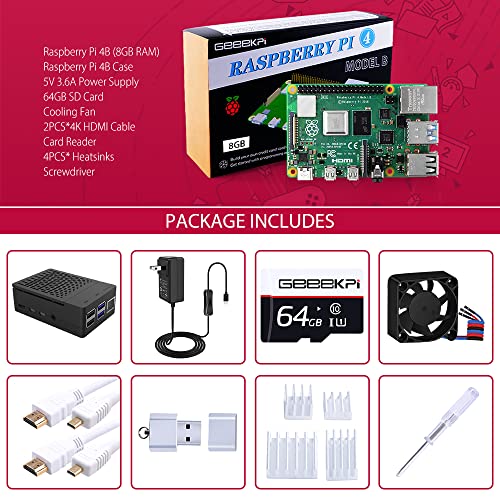 GeeekPi Raspberry Pi 4 8GB Starter Kit - 64GB Editie, Raspberry Pi 4 Case met PWM Fan, Raspberry Pi 18W 5V 3.6A Voeding met AAN/UIT Schakelaar, HDMI Kabels voor Raspberry Pi 4B (8GB RAM)
