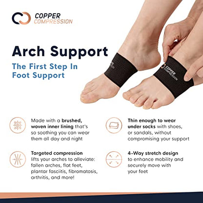 Copper Compression Copper Arch Support - 2 Plantar Fasciitis Braces/Sleeves. Foot Care, Heel Spurs, Feet Pain Relief, Flat & Fallen Arches, High Arch, Flat Feet. (1 Pair Black - One Size Fits All),2 Count (Pack of 1)