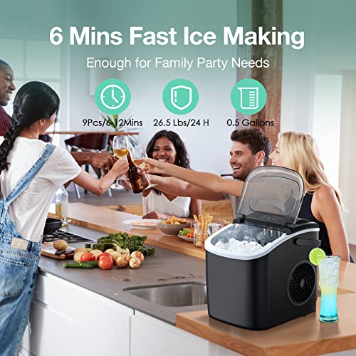 Countertop Ice Maker, Ice Maker Machine 6 Mins 9 Bullet Ice, 26.5lbs/24Hrs, Portable Ice Maker Machine with Self-Cleaning, Ice Bags, Ice Scoop, and Basket, Ice Maker for Home/Kitchen/Office/Party/RV